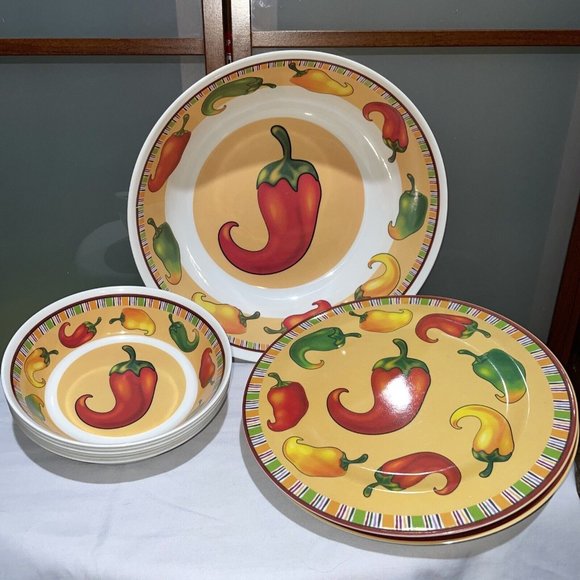 Melamine Plastic Chili Jalapeno Southwestern Serving Dishes Bowls 13 Piece Set - Picture 1 of 2